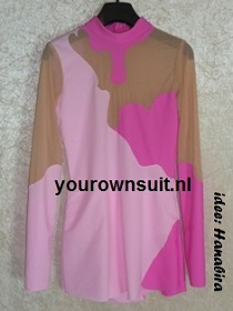 Rhythmic gymnastic leotard, voorkant ritmisch gym pakje met rokje, roze rg pakje