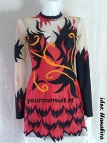 voorkant van rood met zwart ritmisch gympakje_rhythmic gymnastic leotard