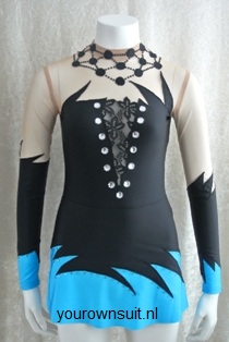 Voorkant zwart met blauwe rok Ritmisch Gympakje_rhythmic gymnastic leotard