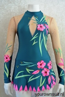 voorkant groen met roze bloemen ritmische gympakje_RG pakje_rhythmic gymnastic leotard