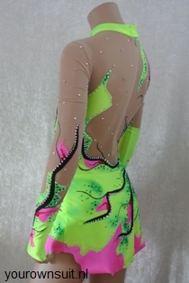 achterkant neon groen ritmische gympakje met roze bloemen_RG pakje_rhythmic gymnastic leotard