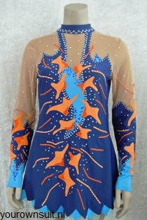 Voorkant blauw met oranje ritmische gympakje_RG pakje_rhythmic gymnastic leotard