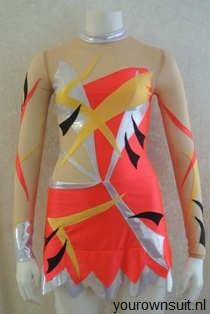 Voorkant oranje ritmische gympakje_RG pakje_rhythmic gymnastic leotard