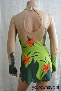 Achterkant mosgroen met oranje bloemen ritmische gympakje_RG pakje_rhythmic gymnastic leotard