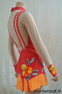 Zijkant rood met oranje bloemen ritmische gympakje_RG pakje_rhythmic gymnastic leotard