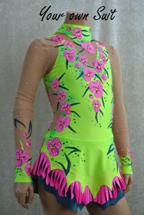 voorkant neon groen met roze bloemen ritmische gympakje_rg pakje_rhythmic gymnastic leotard