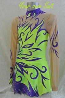 voorkant neon groen met paars ritmische gympakje_rg pakje_rhythmic gymnastic leotard