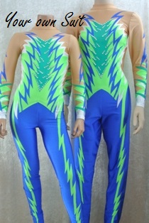 voorkant groen met blauwe acrogympakken_Acrogym_Suit for Acrobatic Gym_Jumpsuit_Vaulting suit_Voltigieranzug