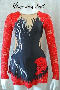 voorkant zwart met rood spaans ritmische gympakje_rg pakje_rhythmic gymnastic leotard_jurk van Kant_Lace dress