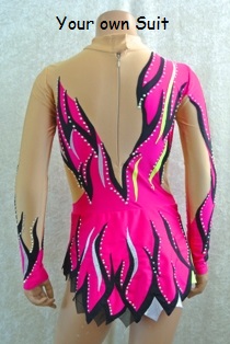 achterkant hard roze acrogympakken met zwart en gele vlammen_suit for Acrobatic Gym