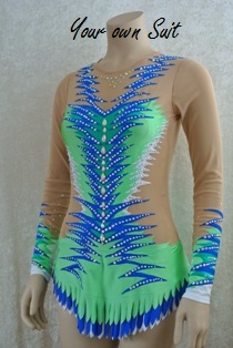 voorkant groen met blauwe zigzag strepen ritmische gympakje_rg pakje_rhythmic gymnastic leotard