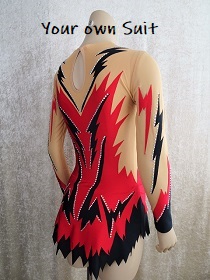 achterkant van 1 rood met zwart acropakje, acrobatic leotards