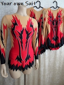 rood met zwarte trio acropakjes, acrobatic leotards