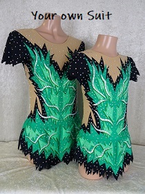 Zijkant van een groen met zwart acroduo leotard, acropakjes