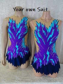 Voorkant van twee Paarse Twirlpakjes met licht en donkerblauw, Twirl leotards