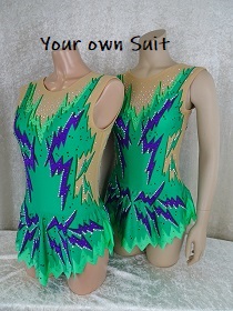 Achterkant van twee Groene Twirlpakjes met paarse zigzag, Twirl leotards