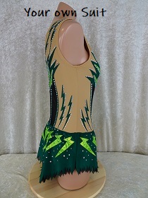 ZijAchterkant van een groen Twirlpakje met gele zigzag, Twirl leotards