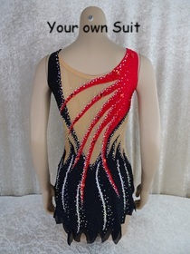 Achterkant van een Rood en zwart kleurige rgleotard, rgpakje