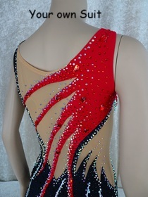 Detail van de achterkant van een Rood en zwart kleurige rgleotard, rgpakje