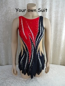 Voorkant van een Rood en zwart kleurige rgleotard, rgpakje