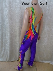 Achterkant van een Paarse Unitard vol met kleuren, rgpakje