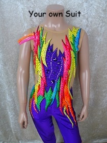 Voorkant van een Paarse Unitard vol met kleuren, rgpakje