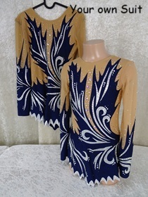 Zijkant van een donkerblauw acroleotard met zilveren lijnen, acropakje