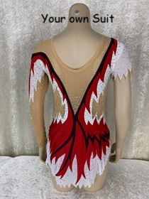 Achterkant van een Witte rgleotard met rode details, rgpakje