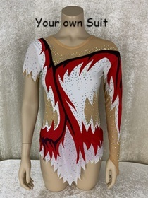 Voorkantvan een Witte rgleotard met rode details, rgpakje