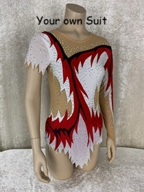 Zijkant van een Witte rgleotard met rode details, rgpakje