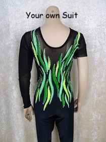 Achterkant van een Zwarte rgunitard met groene details, rgpakje