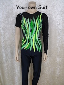 Voorkantvan een Zwarte rgunitard met groene details, rgpakje