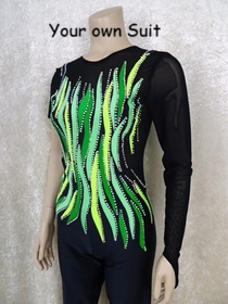 Zijkant van een Zwarte rgunitard met groene details, rgpakje