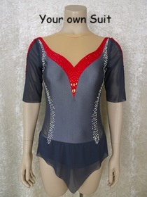 Voorkantvan een grijze rgleotard met rode details, rgpakje