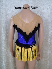 Achterkant van een Paars met zwarte leotard, met een gele rok van slierten, en vol zwarte rozetten, rgpakje