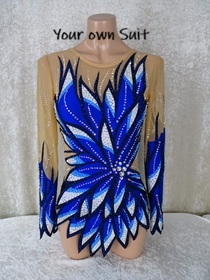 Voorkant van een rgleotard met verschillende kleuren blauw, rgpakje