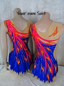 Achterkant van twee Twirl leotards met vlammen op een blauwe achtergrond, Twirl pakjes
