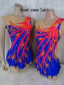 Voorkant van twee Twirl leotards met vlammen op een blauwe achtergrond, Twirl pakjes
