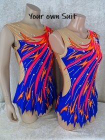 Zijkanten van twee Twirl leotards met vlammen op een blauwe achtergrond, Twirl pakjes