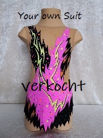 Fel rose met zwart rg pakje vol spetter kleurtjes te koop (rg leotard for sale)