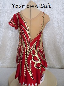 rood ritmisch gympakje met gouden slierten te koop (rg leotard for sale)