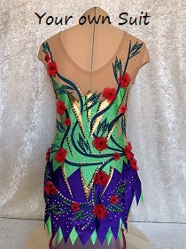 Groen ritmisch gympakje (rg pakje) met paars rokje en rode bloemen te koop (rg leotard for sale)